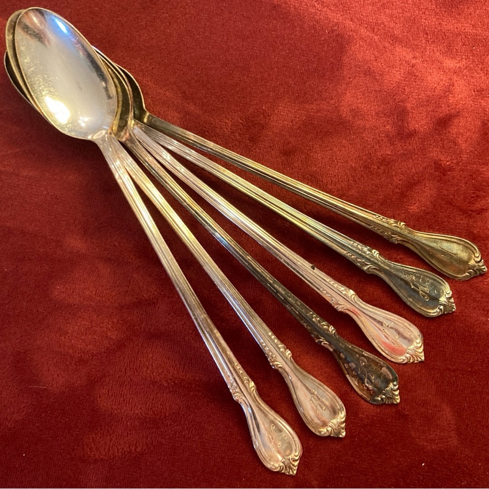 6 Silverplate Iced Tea Spoons w/ H Monogram Wm Rogers Memory Pattern | 1960s